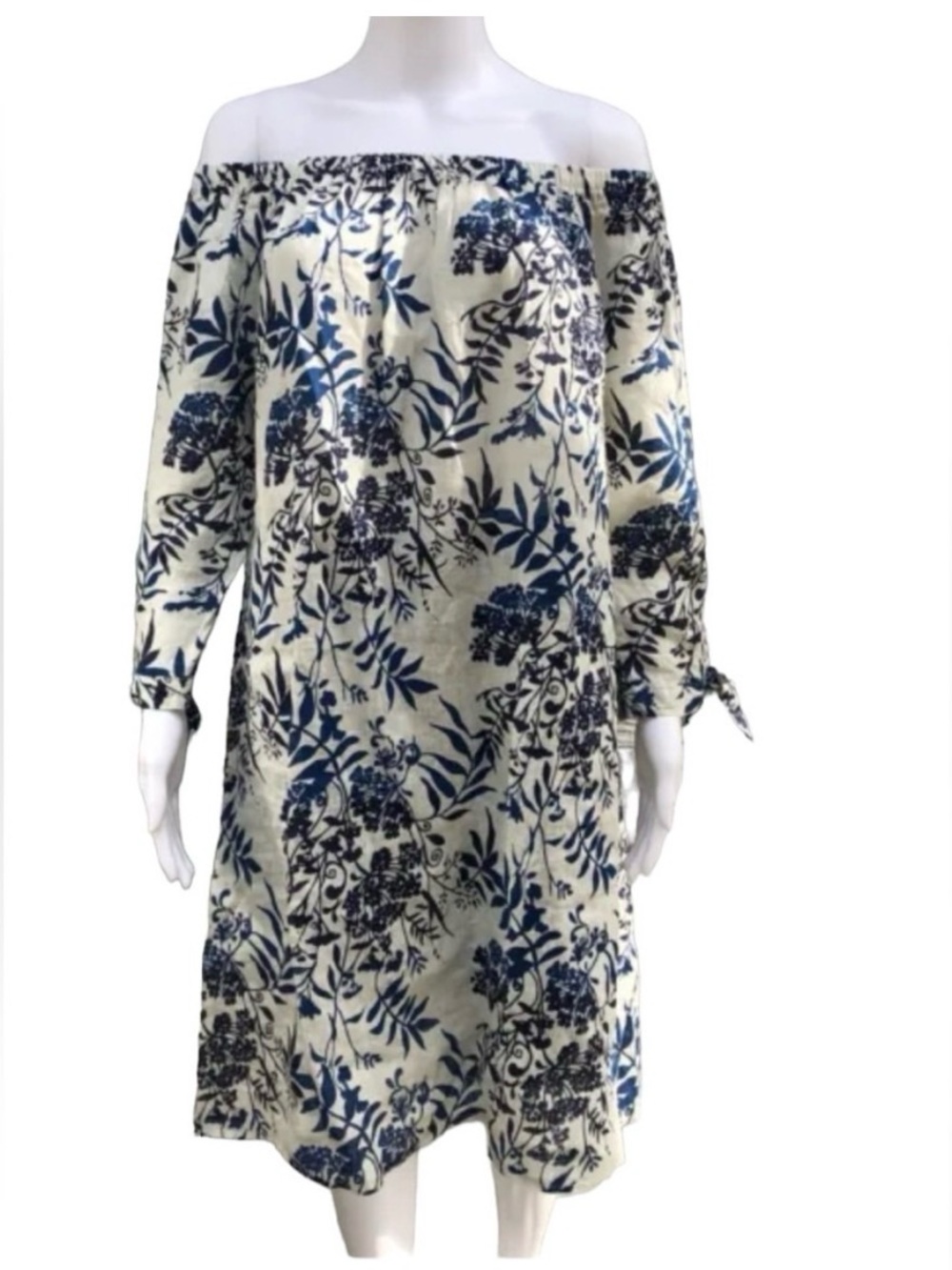 Valentina Naldi Italian Linen Floral Off-Shoulder Tunic Dress - Blue on Cream - Picture 4 of 10